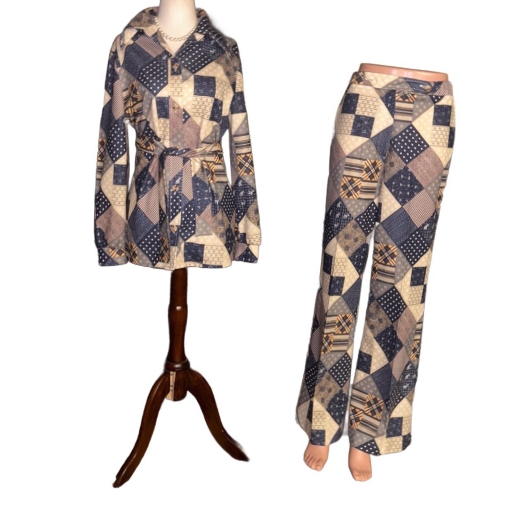 Henri ~ Size 11 ~ Vintage ~ Blue/Beige/Gold ~ Patchwork ~ 2 Piece (Jacket/Pants)